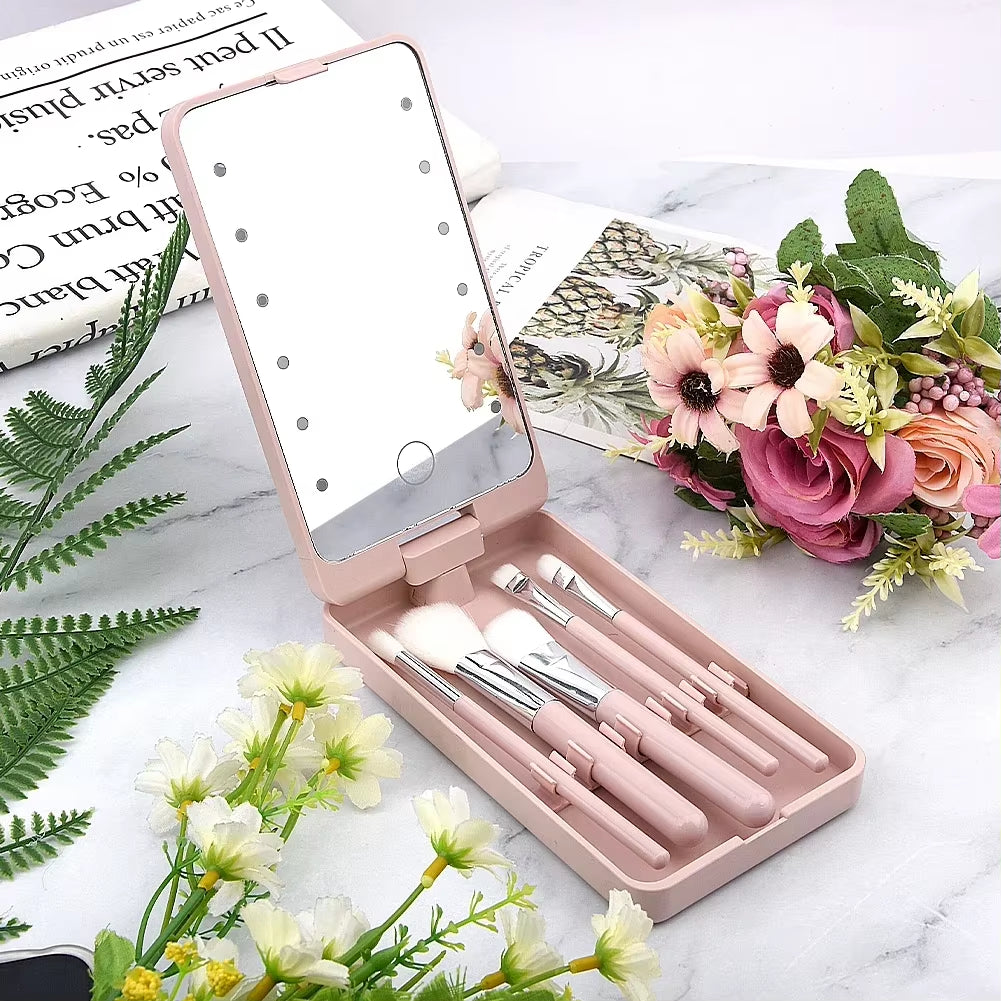 LED Makeup Mirror 5 Cosmetic Brushes Storage Box Compact 360° Foldable Cosmetic Mirror Practical Convenient Carry Vanity Mirror