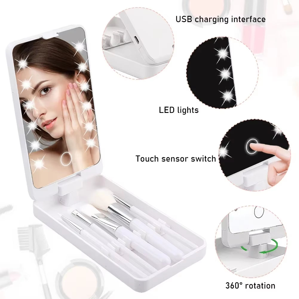LED Makeup Mirror 5 Cosmetic Brushes Storage Box Compact 360° Foldable Cosmetic Mirror Practical Convenient Carry Vanity Mirror