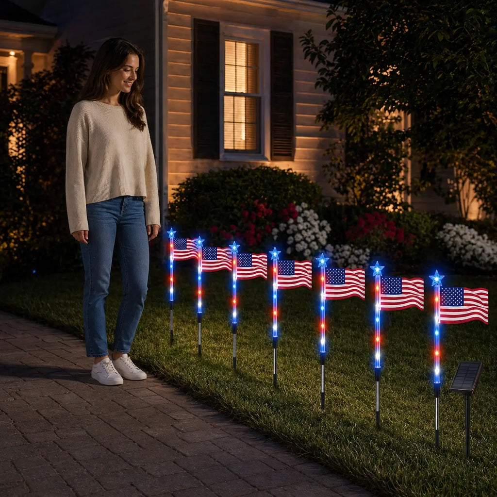 8-Piece Flag Light Set, 4Th of July Decorations 8 Lighting Modes, 8-In-1 American Flag Solar Lights, Memorial Day Decorations Featuring Red, White, and Blue Lights for Independence Day Pathway Garden Decorations Yard Pathway