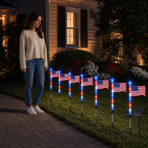 8-Piece Flag Light Set, 4Th of July Decorations 8 Lighting Modes, 8-In-1 American Flag Solar Lights, Memorial Day Decorations Featuring Red, White, and Blue Lights for Independence Day Pathway Garden Decorations Yard Pathway
