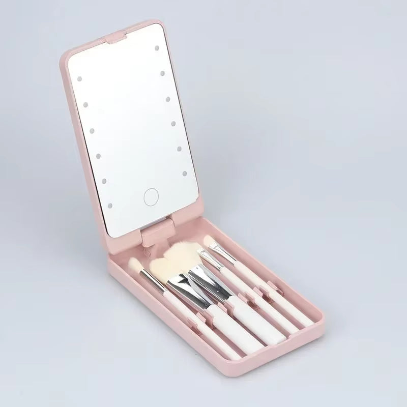 LED Makeup Mirror 5 Cosmetic Brushes Storage Box Compact 360° Foldable Cosmetic Mirror Practical Convenient Carry Vanity Mirror
