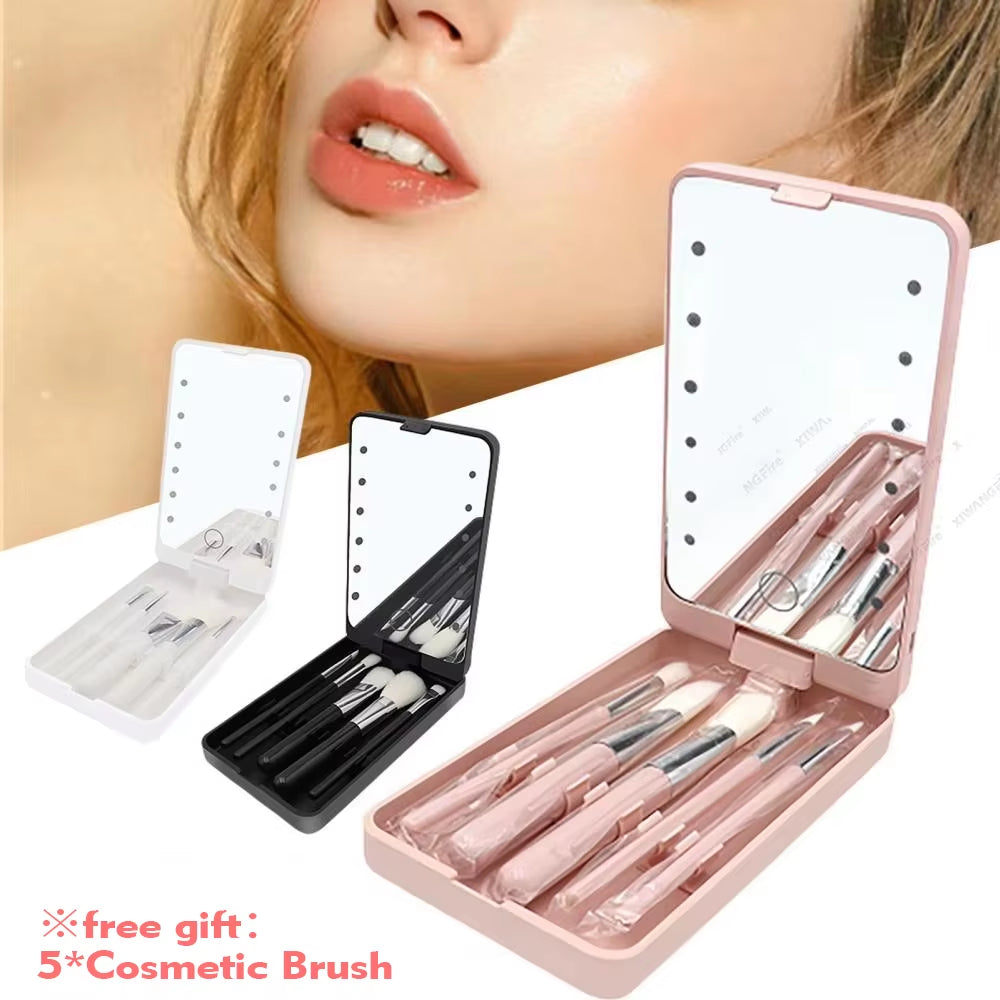 LED Makeup Mirror 5 Cosmetic Brushes Storage Box Compact 360° Foldable Cosmetic Mirror Practical Convenient Carry Vanity Mirror