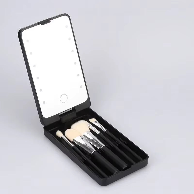 LED Makeup Mirror 5 Cosmetic Brushes Storage Box Compact 360° Foldable Cosmetic Mirror Practical Convenient Carry Vanity Mirror